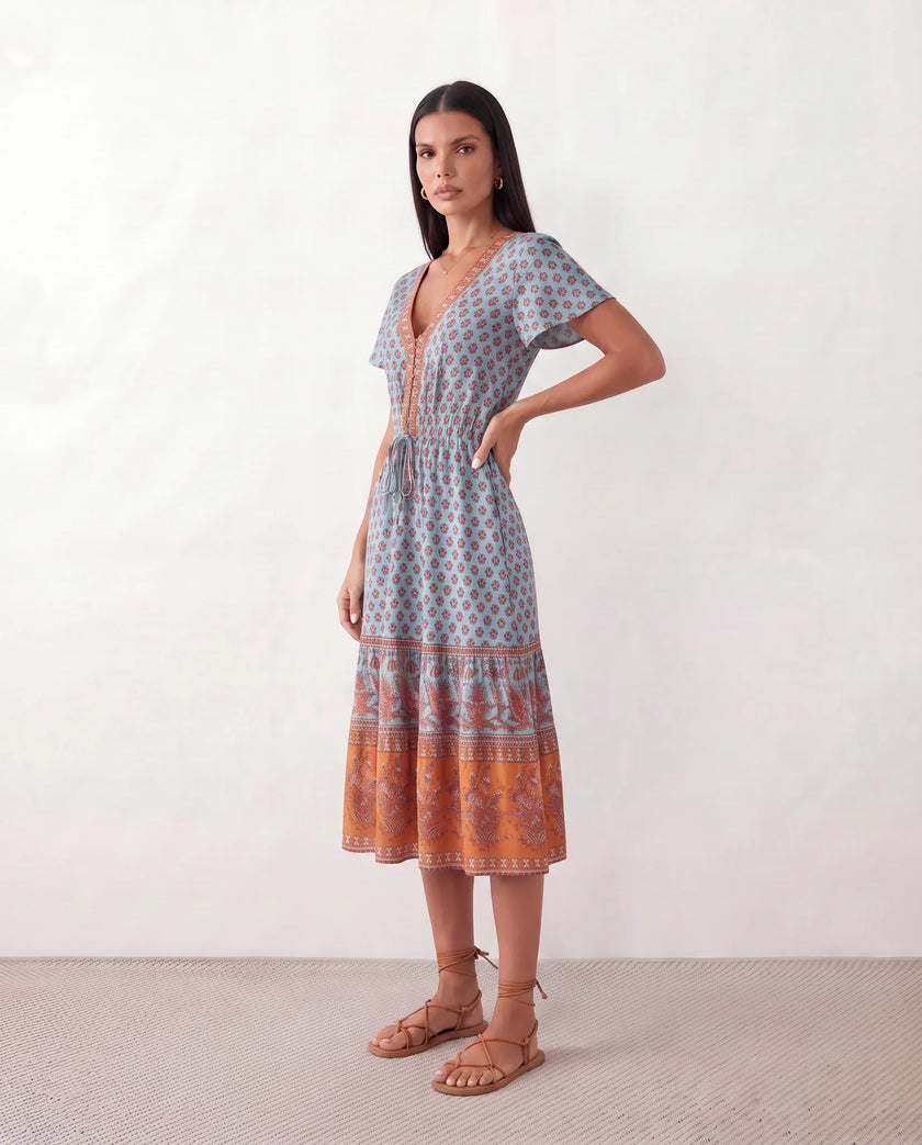 Floral A-Line Midi Dress Women V-Neck Short Sleeve Button-Front