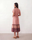 Floral A-Line Midi Dress Women V-Neck Short Sleeve Button-Front