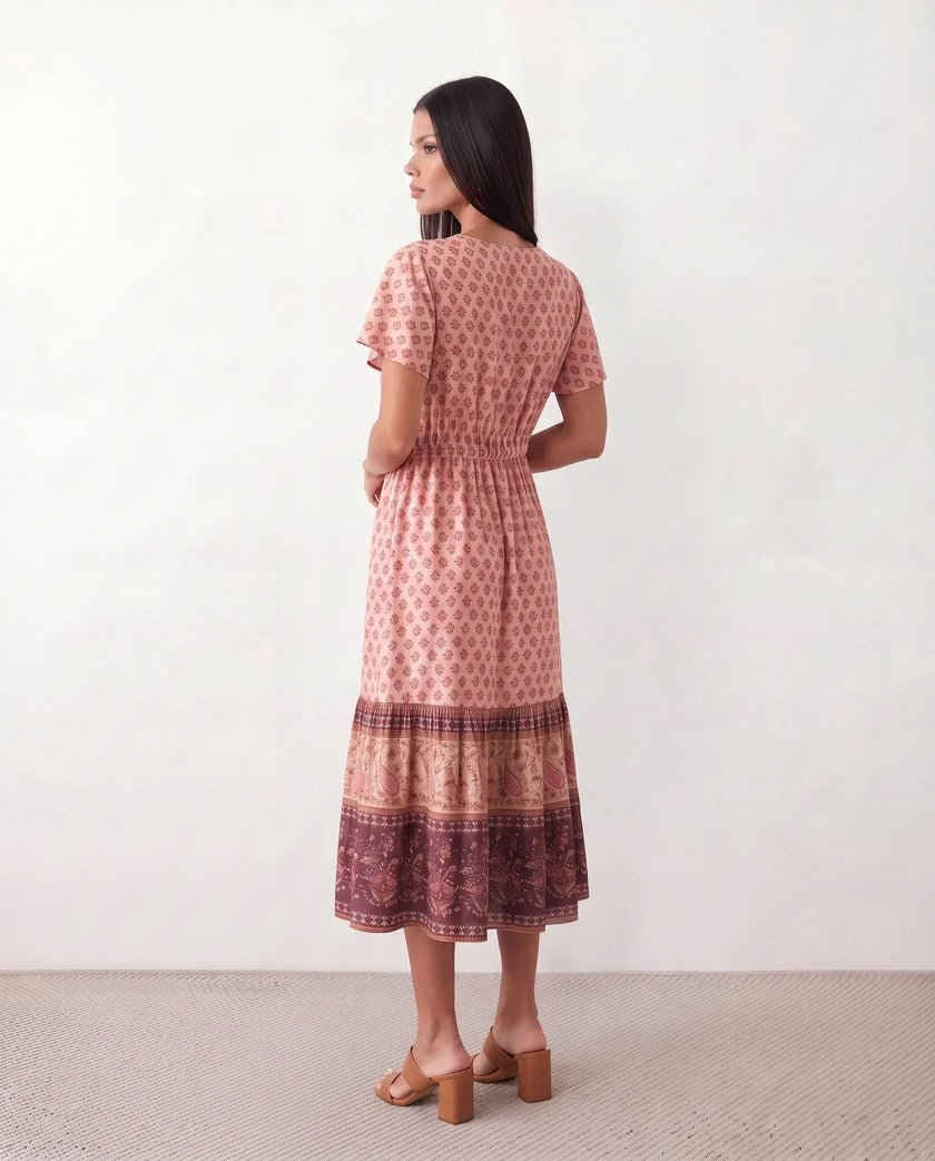 Floral A-Line Midi Dress Women V-Neck Short Sleeve Button-Front