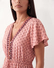 Floral A-Line Midi Dress Women V-Neck Short Sleeve Button-Front