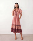 Floral A-Line Midi Dress Women V-Neck Short Sleeve Button-Front