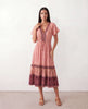 Floral A-Line Midi Dress Women V-Neck Short Sleeve Button-Front