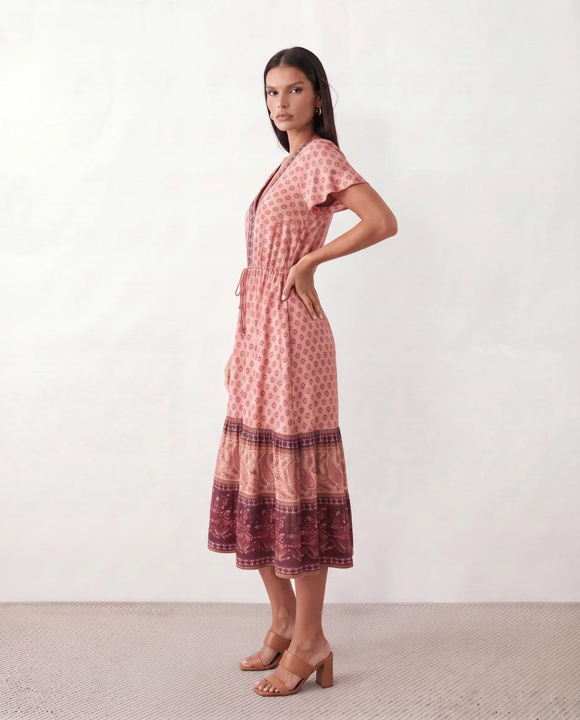 Floral A-Line Midi Dress Women V-Neck Short Sleeve Button-Front