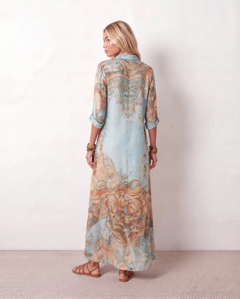 Maxi Dress Women Abstract Print Button Front V-Neck Casual