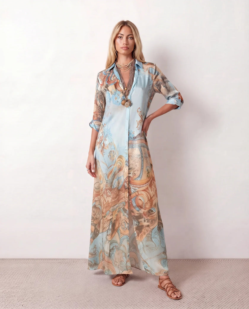 Maxi Dress Women Abstract Print Button Front V-Neck Casual