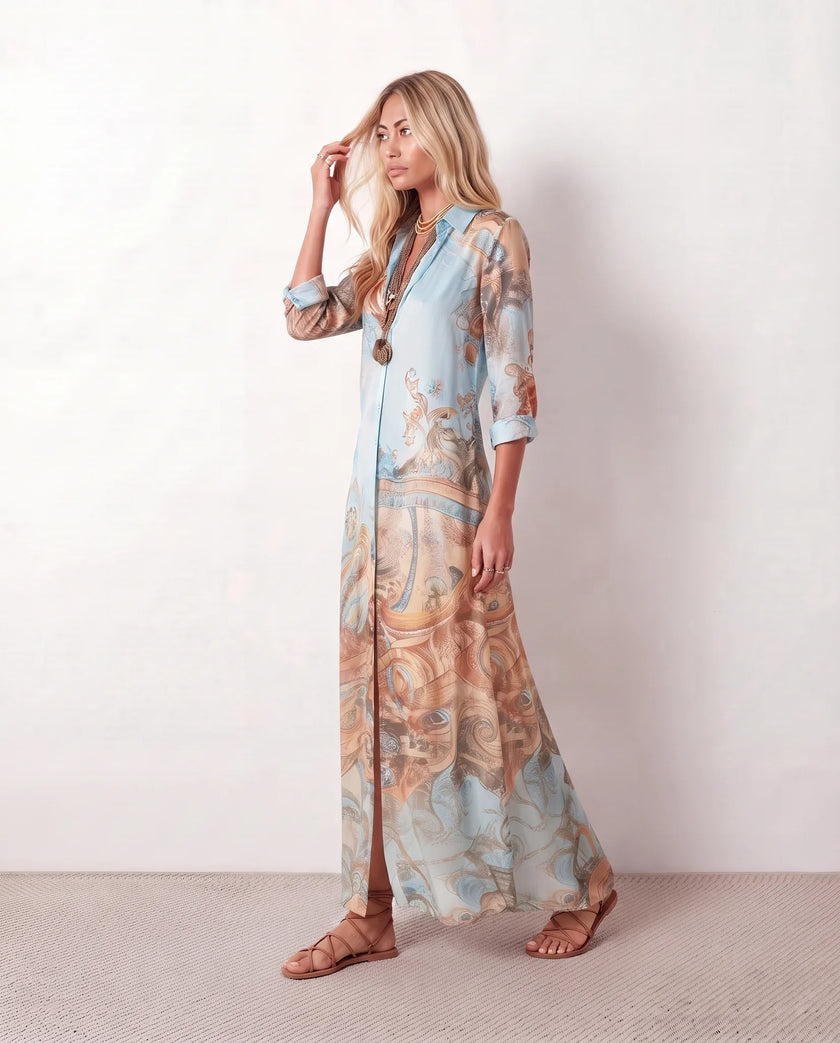 Maxi Dress Women Abstract Print Button Front V-Neck Casual