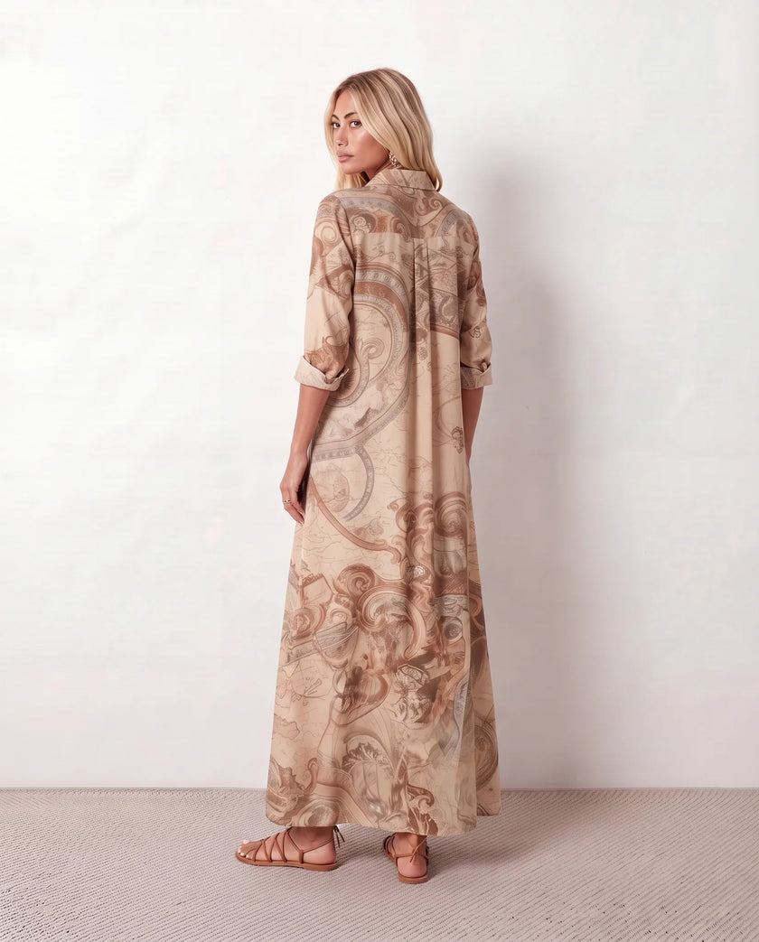 Maxi Dress Women Abstract Print Button Front V-Neck Casual