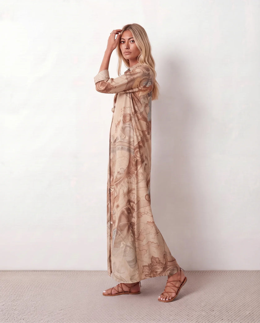Maxi Dress Women Abstract Print Button Front V-Neck Casual