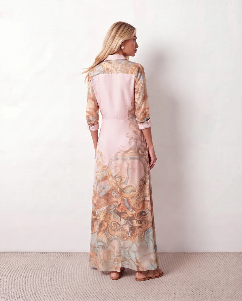 Maxi Dress Women Abstract Print Button Front V-Neck Casual