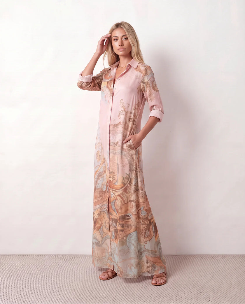 Maxi Dress Women Abstract Print Button Front V-Neck Casual