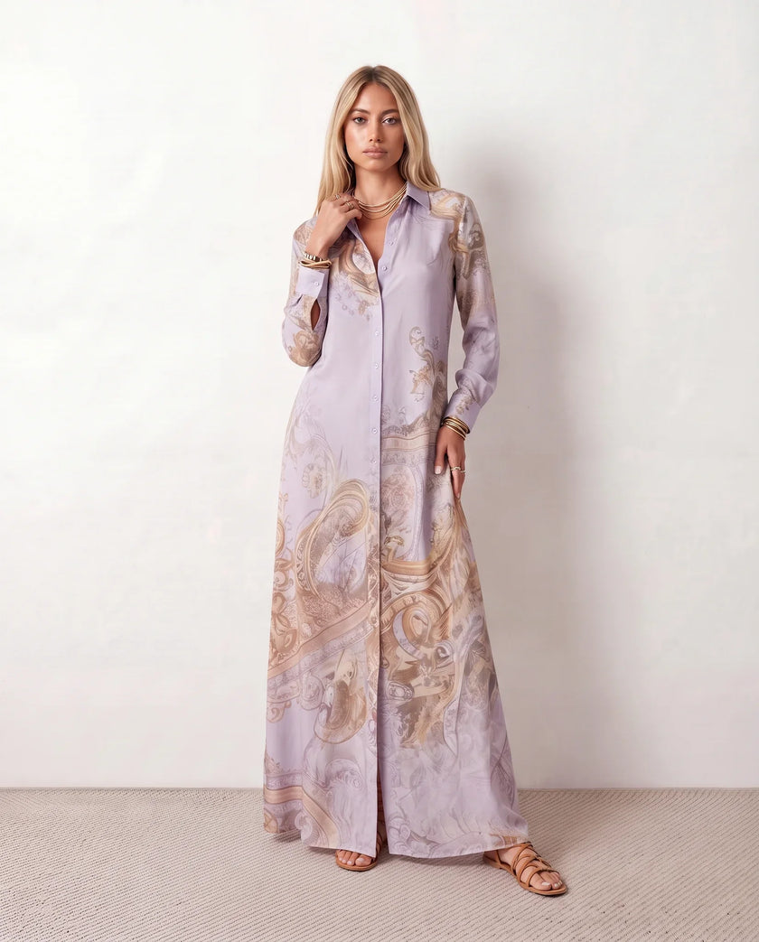 Maxi Dress Women Abstract Print Button Front V-Neck Casual