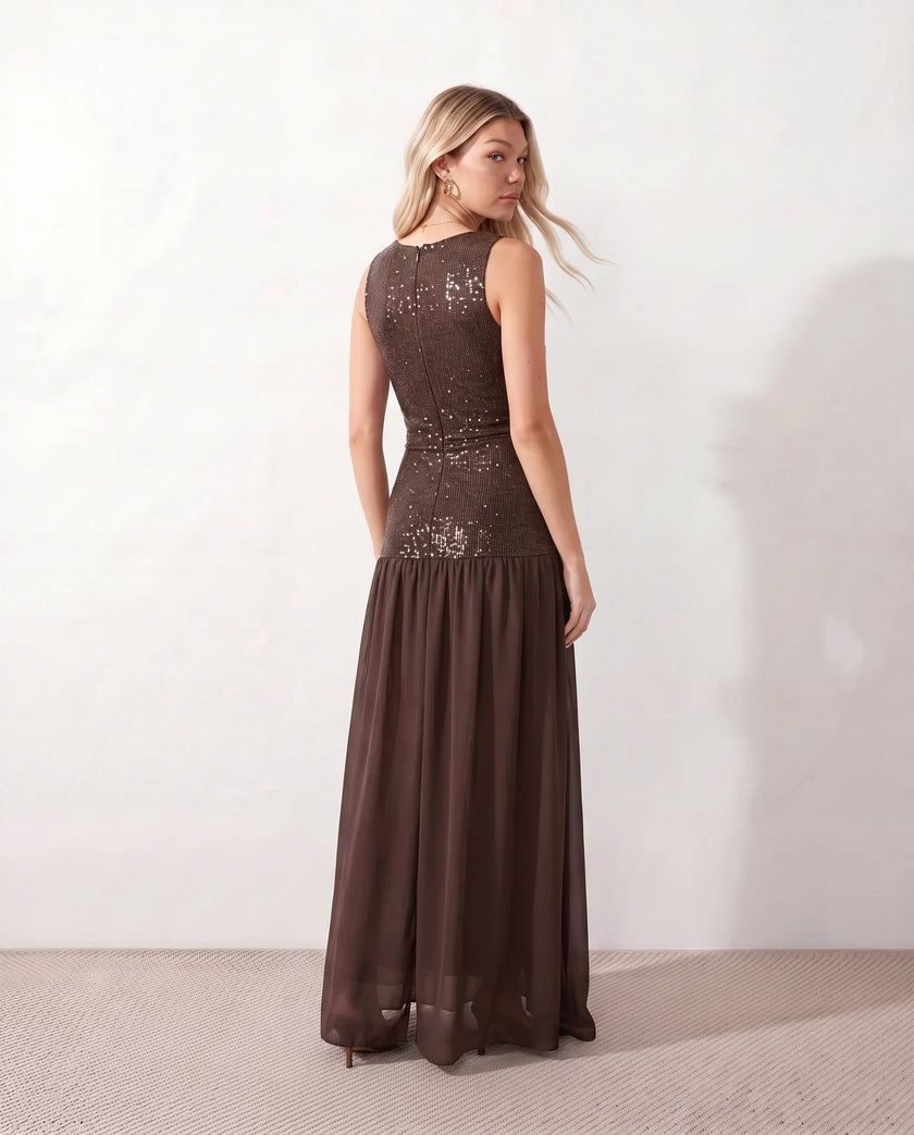 Sequined Maxi Dress Women Formal Drop Waist Cutout Sleeveless