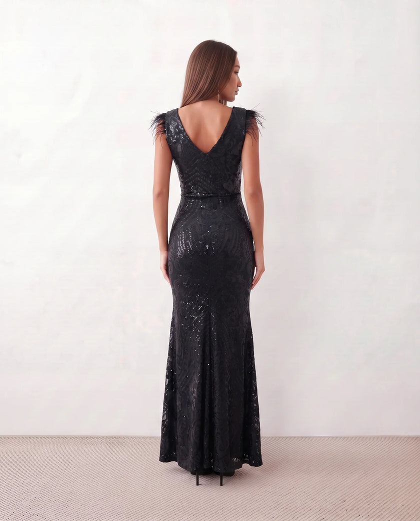 Sequined Maxi Dress Women Formal Mermaid V-Neck Front Slit