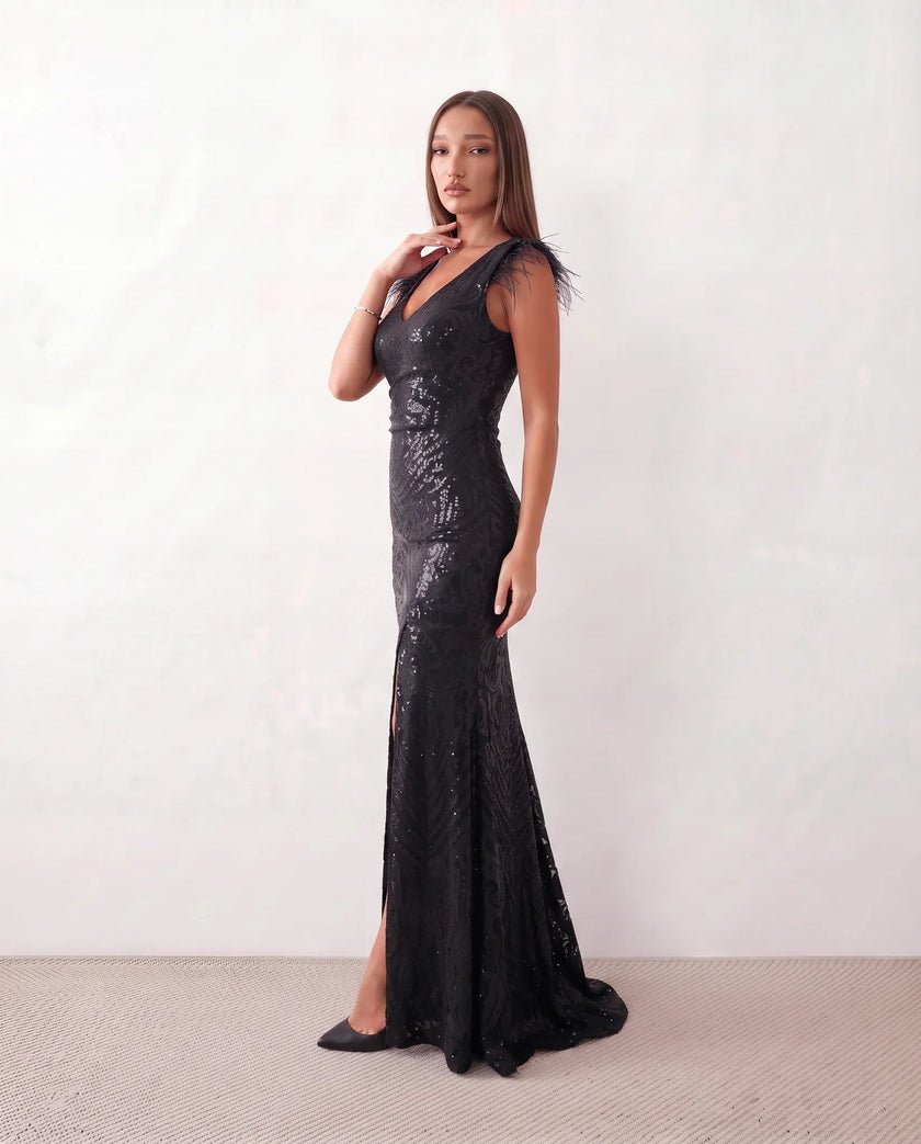 Sequined Maxi Dress Women Formal Mermaid V-Neck Front Slit