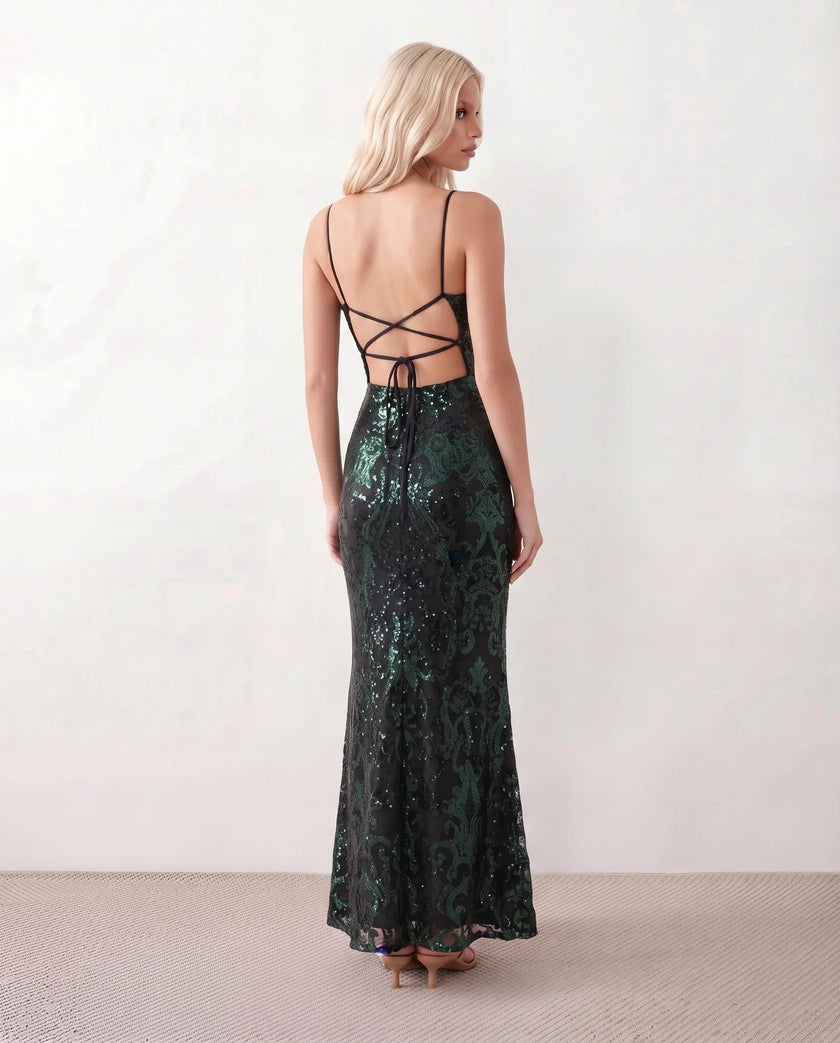 Sequined Maxi Dress Women Formal Mermaid Square Neck Lace-Up Back
