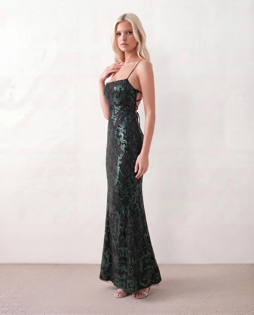 Sequined Maxi Dress Women Formal Mermaid Square Neck Lace-Up Back