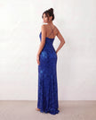 Sequined Maxi Dress Women Formal Cowl Neck Open Back Front Slit