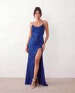 Sequined Maxi Dress Women Formal Cowl Neck Open Back Front Slit