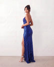 Sequined Maxi Dress Women Formal Cowl Neck Open Back Front Slit