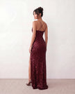 Sequined Maxi Dress Women Formal Cowl Neck Open Back Front Slit