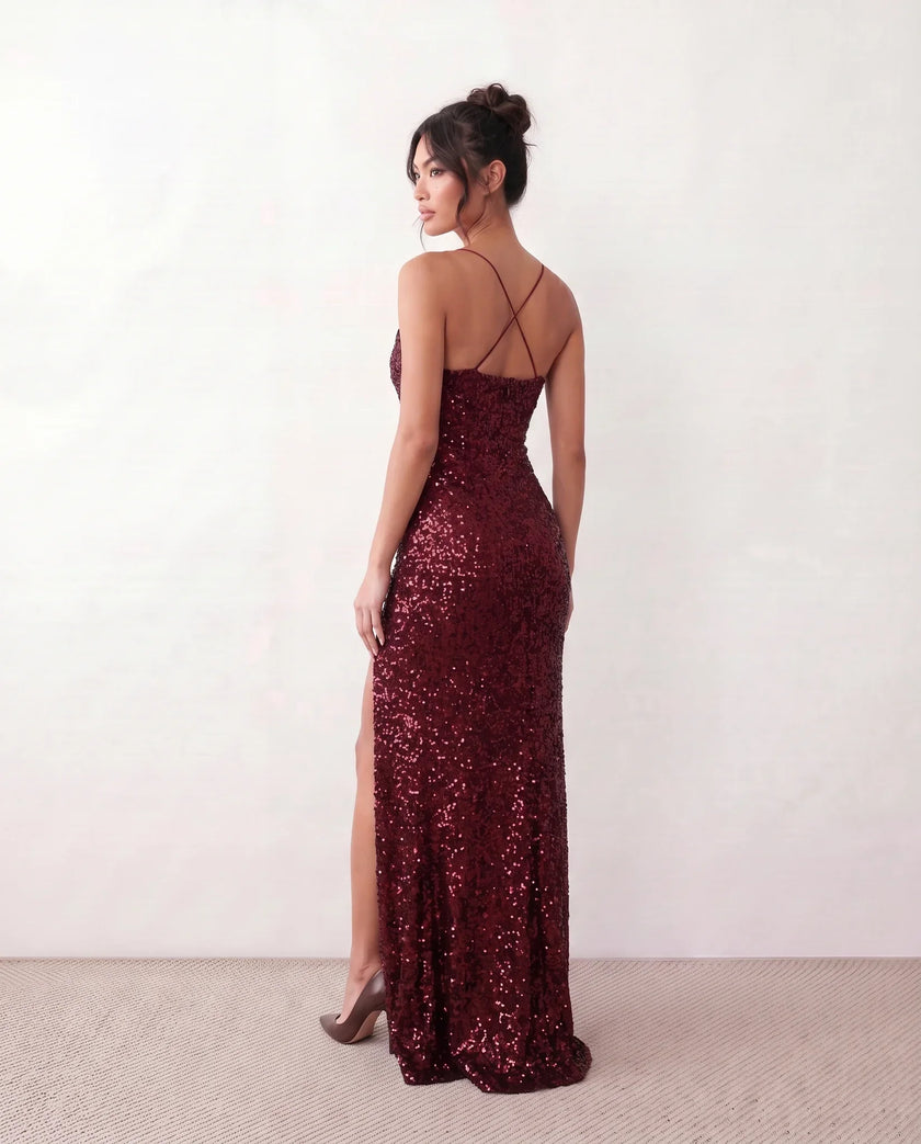 Sequined Maxi Dress Women Formal Cowl Neck Open Back Front Slit
