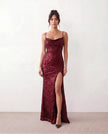 Sequined Maxi Dress Women Formal Cowl Neck Open Back Front Slit