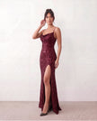 Sequined Maxi Dress Women Formal Cowl Neck Open Back Front Slit