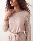 Sequined Mini Dress Women Belted Boat Neck 3/4 Sleeve