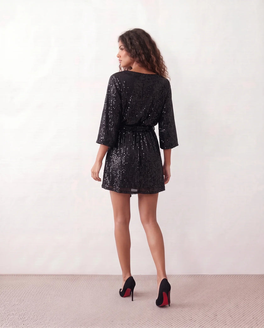 Sequined Mini Dress Women Belted Boat Neck 3/4 Sleeve