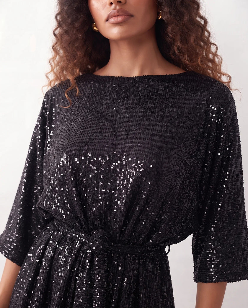 Sequined Mini Dress Women Belted Boat Neck 3/4 Sleeve
