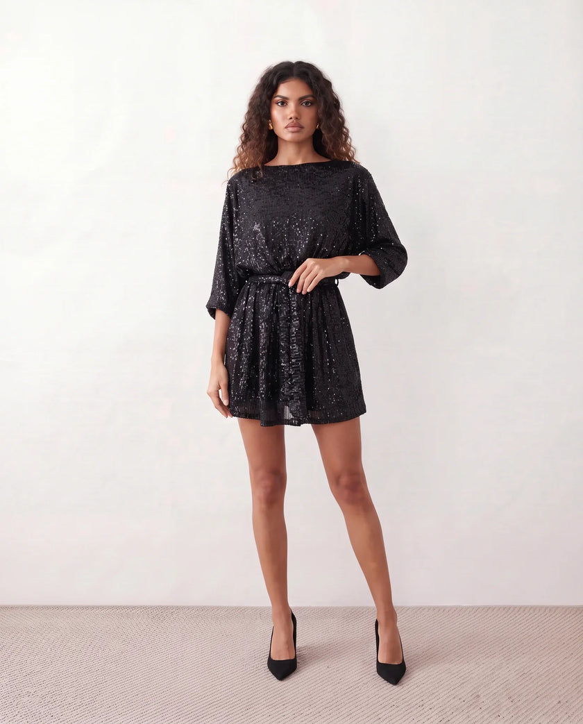 Sequined Mini Dress Women Belted Boat Neck 3/4 Sleeve