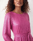 Sequined Mini Dress Women Belted Boat Neck 3/4 Sleeve