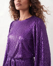 Sequined Mini Dress Women Belted Boat Neck 3/4 Sleeve
