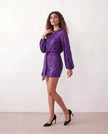 Sequined Mini Dress Women Belted Boat Neck 3/4 Sleeve