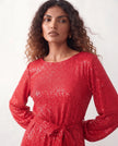 Sequined Mini Dress Women Belted Boat Neck 3/4 Sleeve