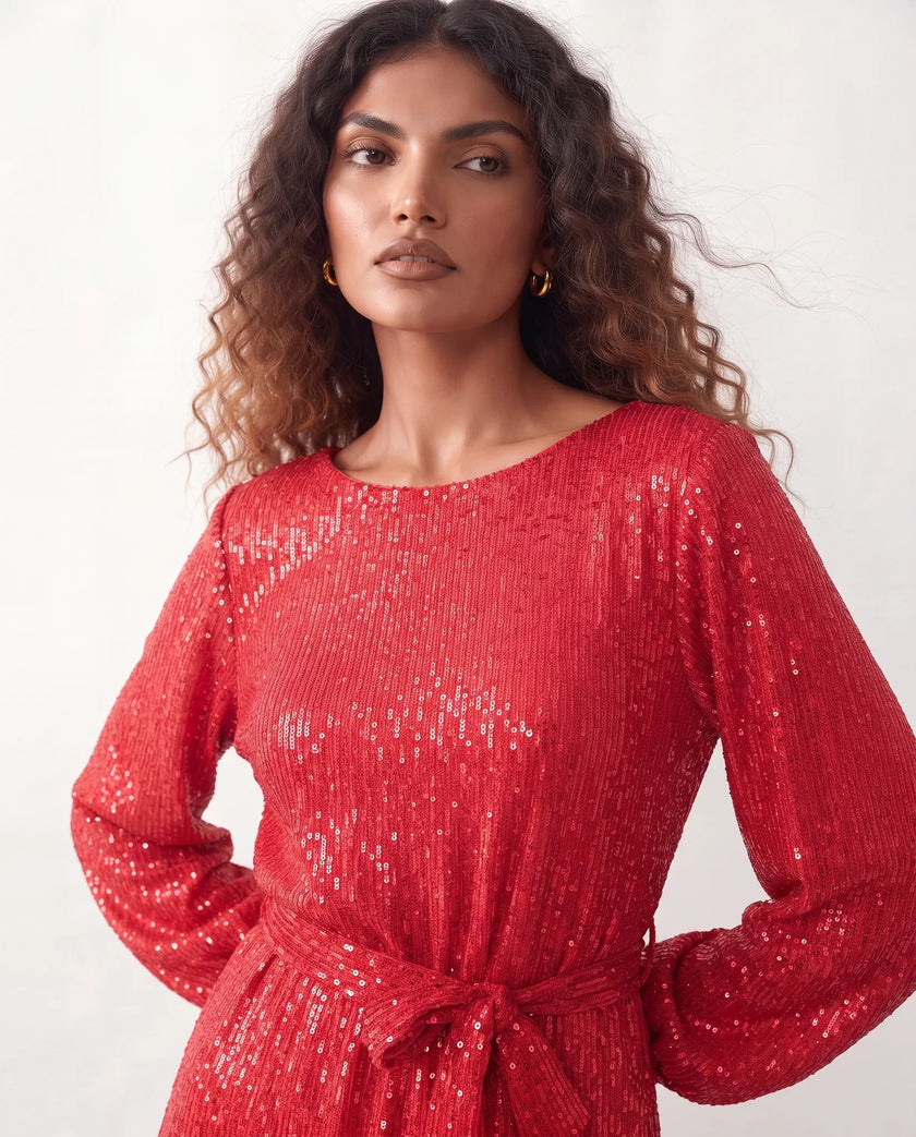 Sequined Mini Dress Women Belted Boat Neck 3/4 Sleeve