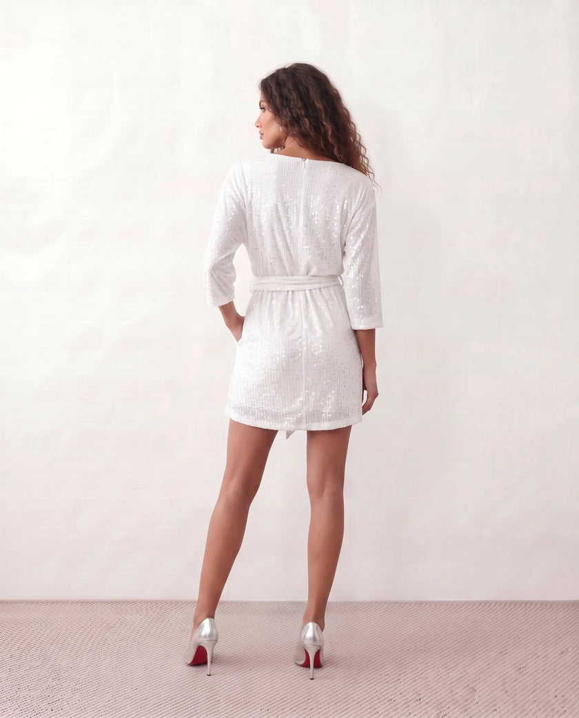 Sequined Mini Dress Women Belted Boat Neck 3/4 Sleeve