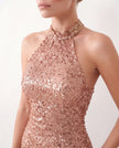 Sequined Halter Midi Dress Women Backless Side Slit Formal