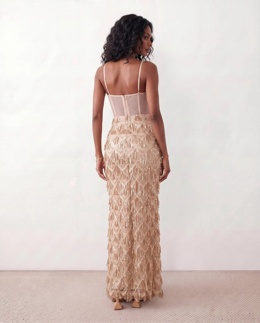 Sequin Maxi Dress Women Corset Basque Waist Backless Formal