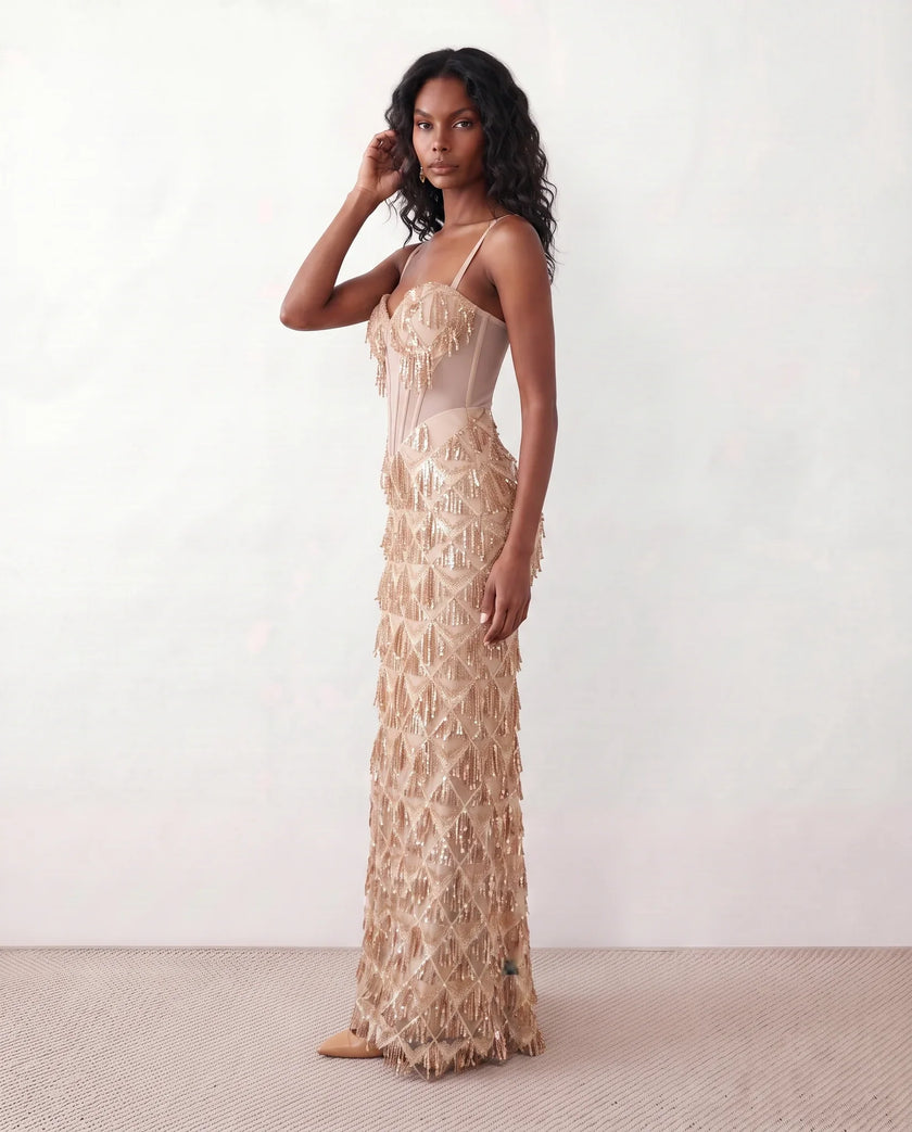 Sequin Maxi Dress Women Corset Basque Waist Backless Formal