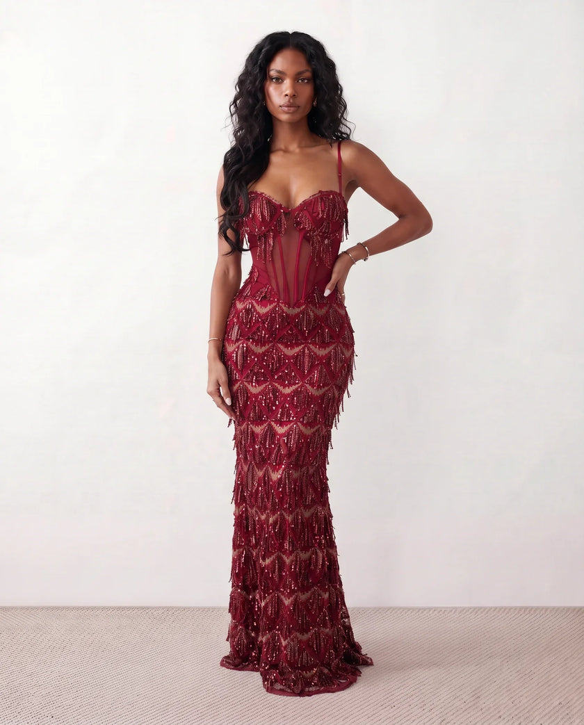Sequin Maxi Dress Women Corset Basque Waist Backless Formal