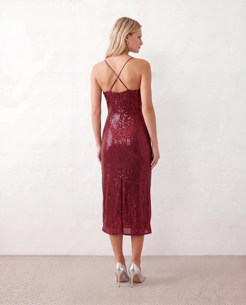 Sequined Midi Dress Women V-Neck Spaghetti Strap Backless Formal