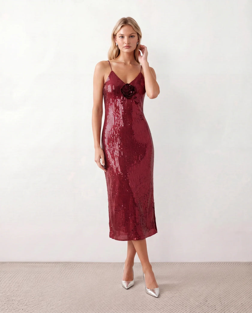 Sequined Midi Dress Women V-Neck Spaghetti Strap Backless Formal
