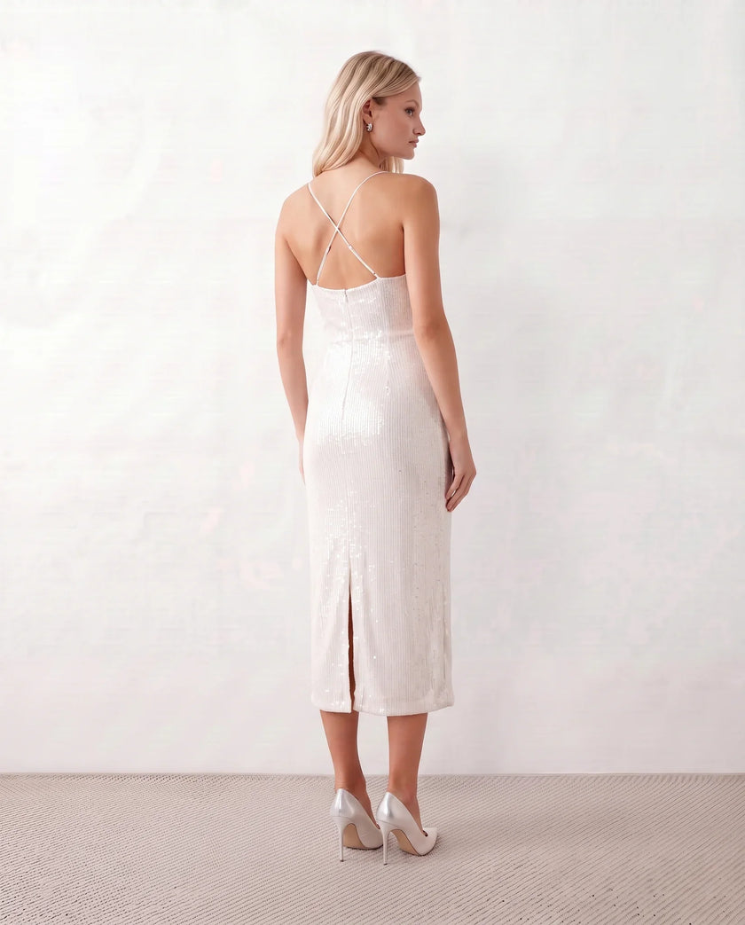 Sequined Midi Dress Women V-Neck Spaghetti Strap Backless Formal