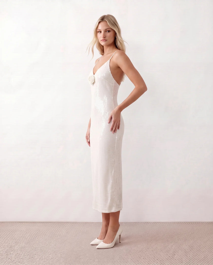 Sequined Midi Dress Women V-Neck Spaghetti Strap Backless Formal