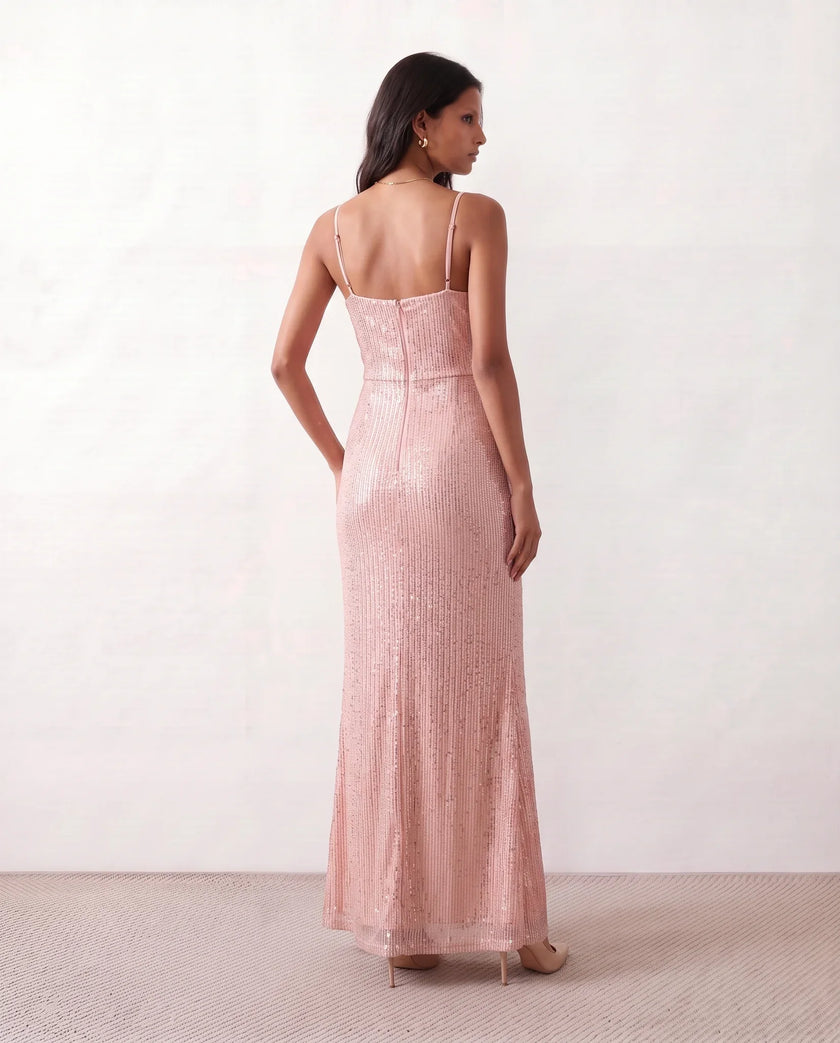 Sequined Maxi Dress Women Formal Wrap V-Neck Side Slit Low Back