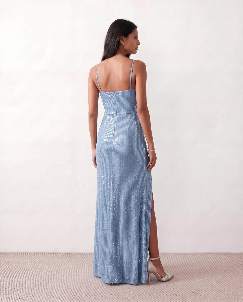 Sequined Maxi Dress Women Formal Wrap V-Neck Side Slit Low Back
