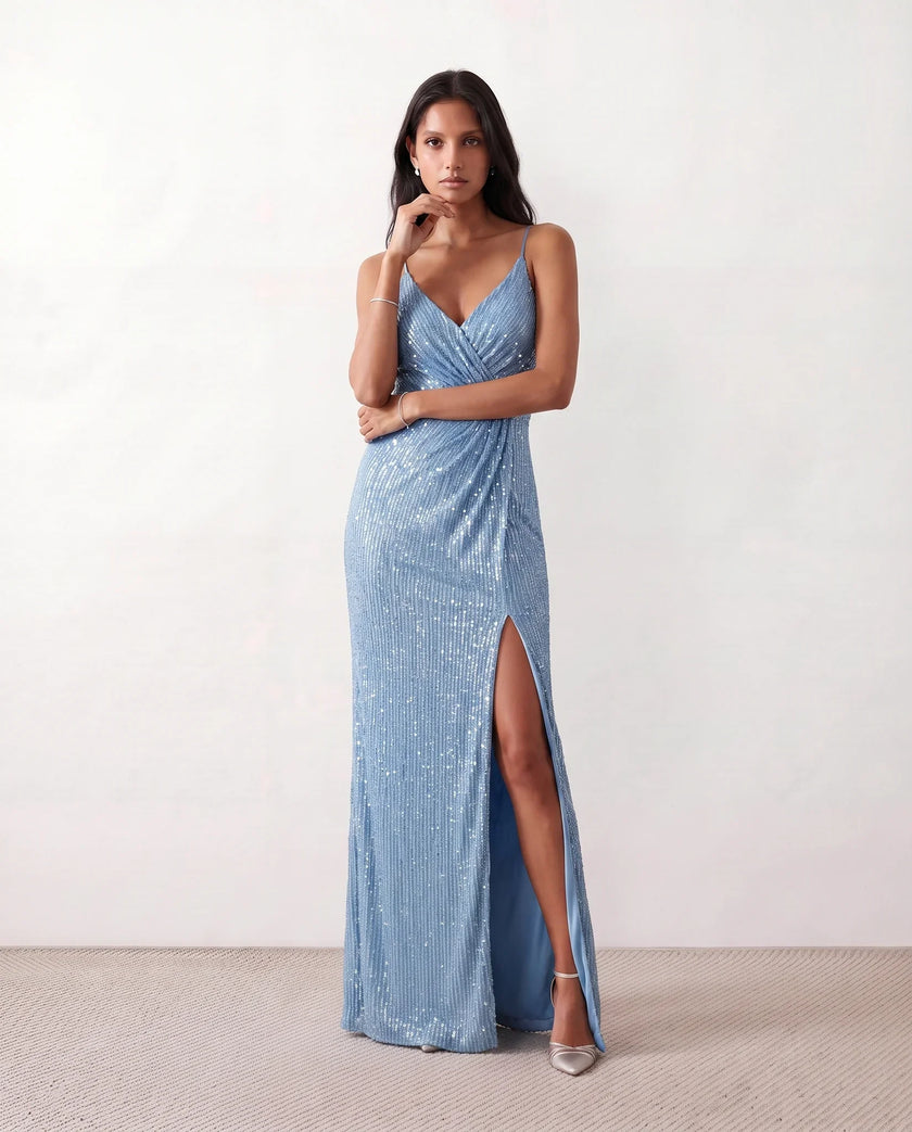 Sequined Maxi Dress Women Formal Wrap V-Neck Side Slit Low Back