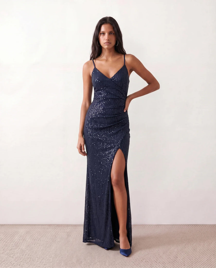 Sequined Maxi Dress Women Formal Wrap V-Neck Side Slit Low Back