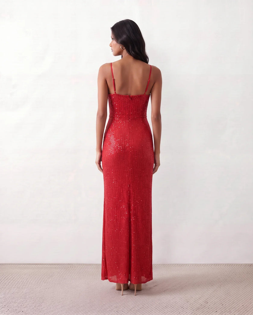 Sequined Maxi Dress Women Formal Wrap V-Neck Side Slit Low Back